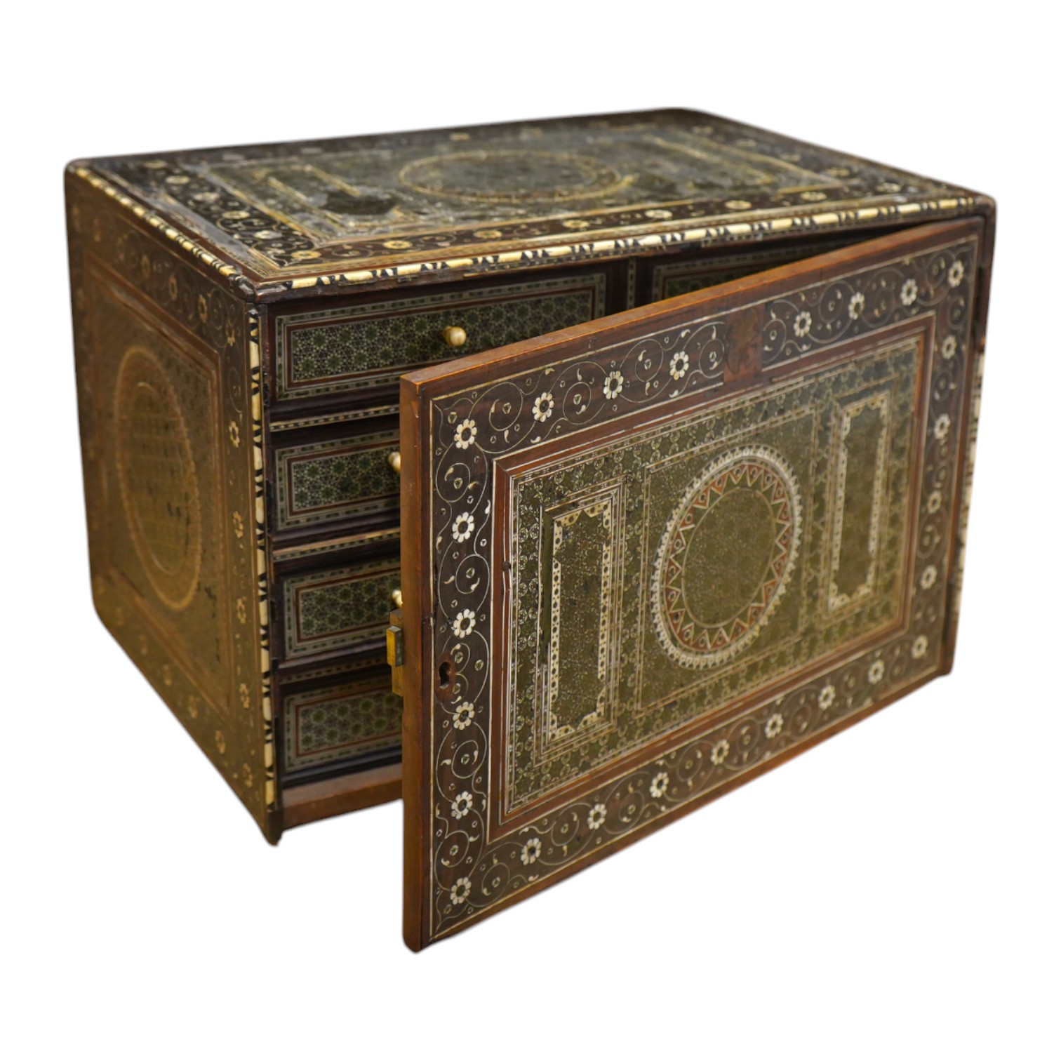 An early 17th century Indo-Portuguese ivory inlaid table cabinet, Gujarat, 29cm high. Condition - poor, losses CITES Submission reference 3XBFQXPT